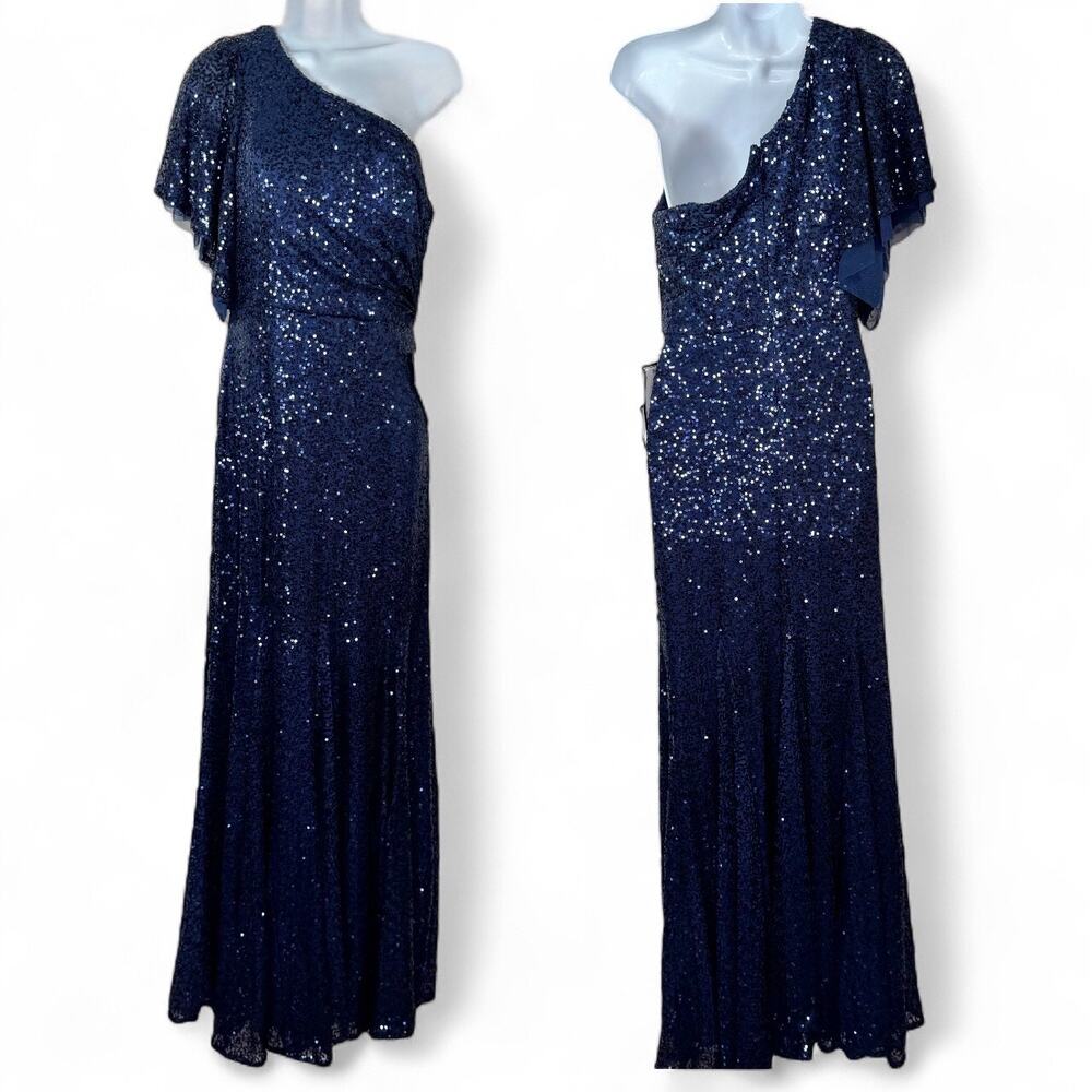 NW Nightway One Shoulder Sequin Formal Gown Navy Blue 6 NWT - Picture 2 of 13